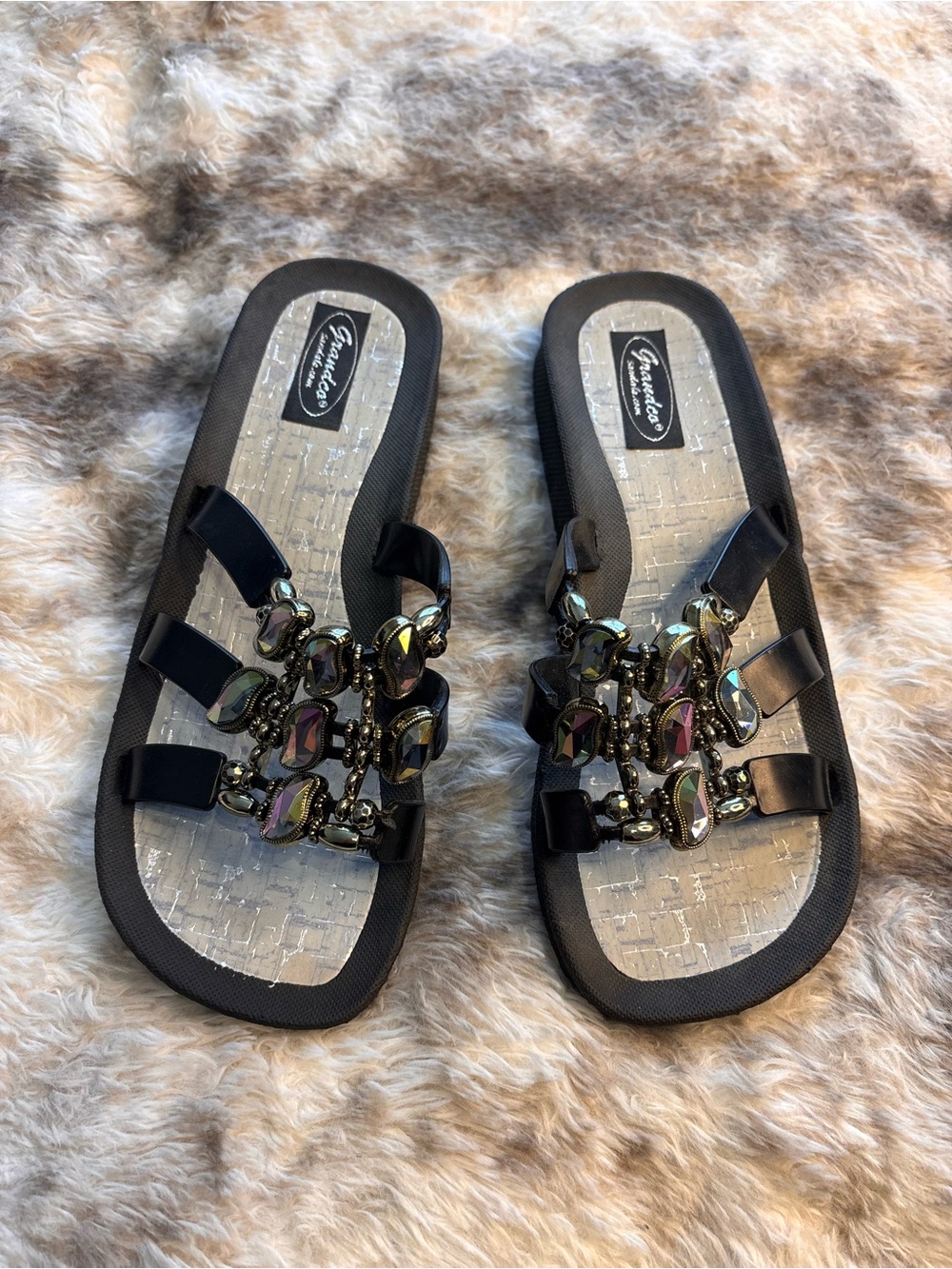 Black Jeweled Strappy Slide Sandals